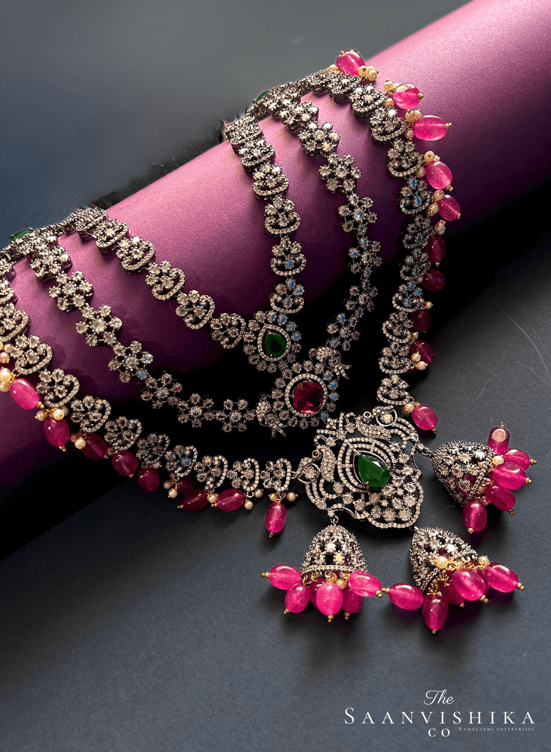 Triple Gemstone Pink Beads Diamond Necklace Multi Color