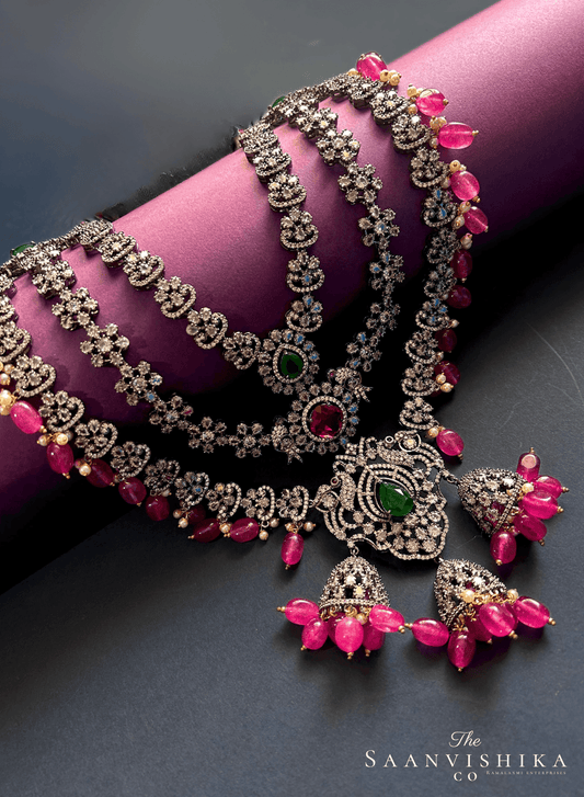 Triple Gemstone Pink Beads Diamond Necklace Multi Color