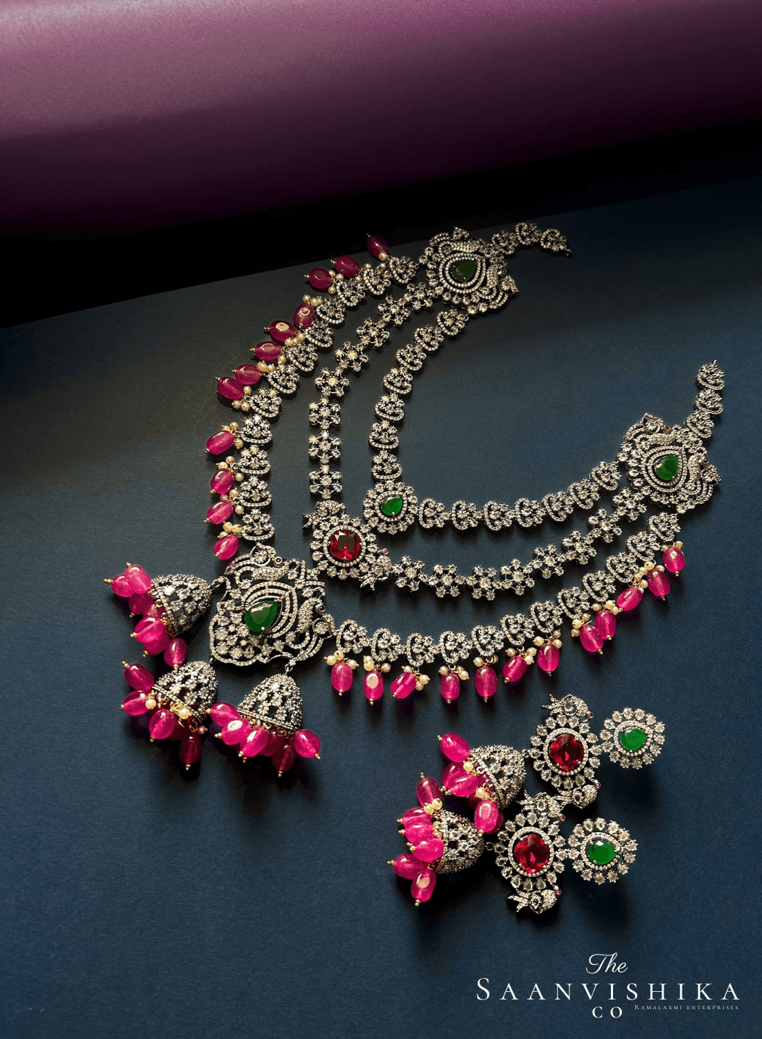 Triple Gemstone Pink Beads Diamond Necklace Multi Color