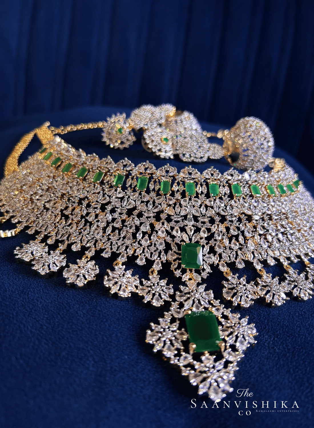 Grand Bridal Multi American Diamond Choker Set (Green)