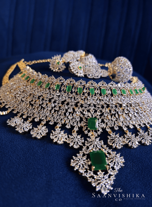 Grand Bridal Multi American Diamond Choker Set (Green)
