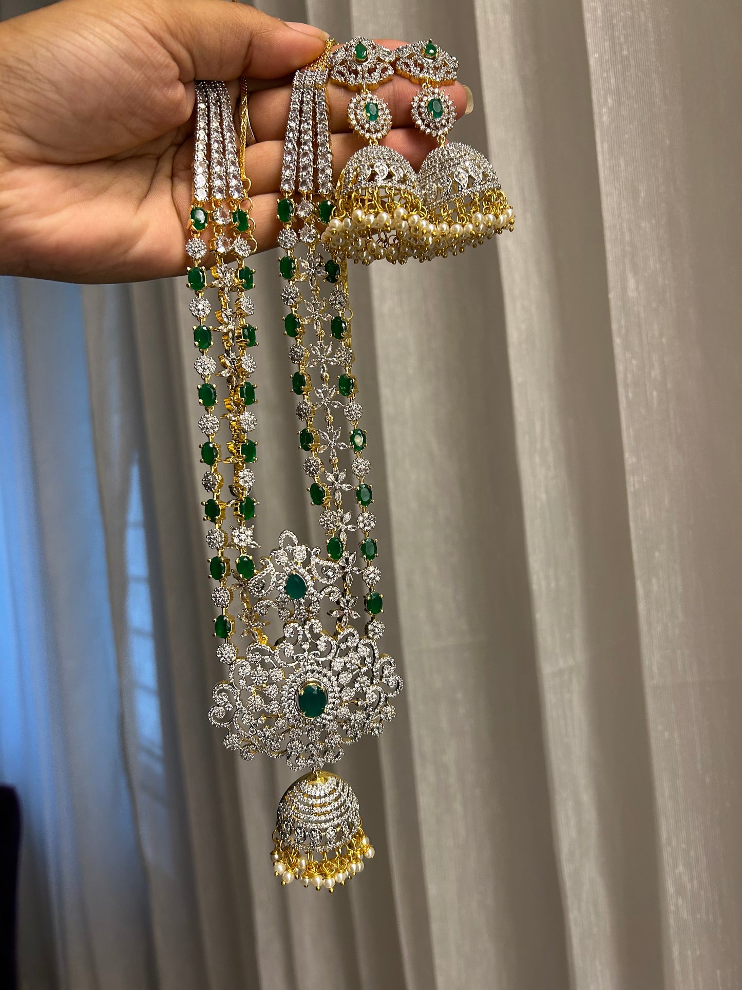 Jhumki Flower Pendant Grand Diamond Necklace with Earrings Green