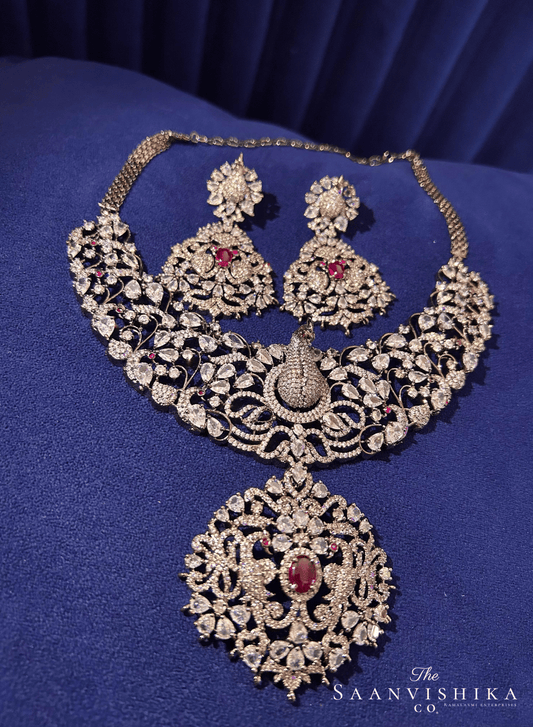 Victorian Peacock Necklace Set with Detachable Pendant (Red)