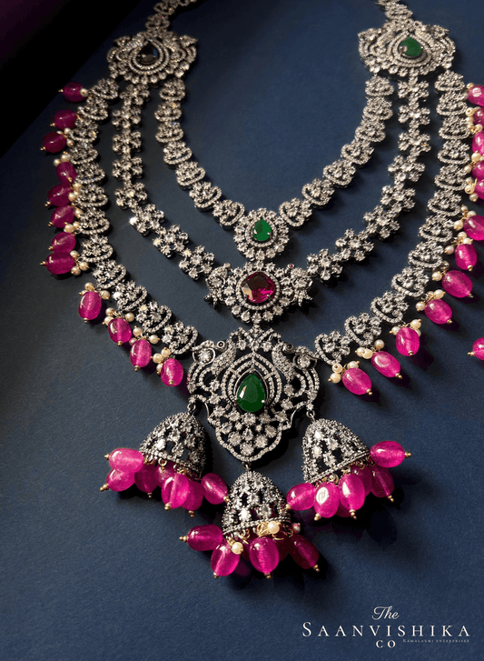 Triple Gemstone Pink Beads Diamond Necklace Multi Color
