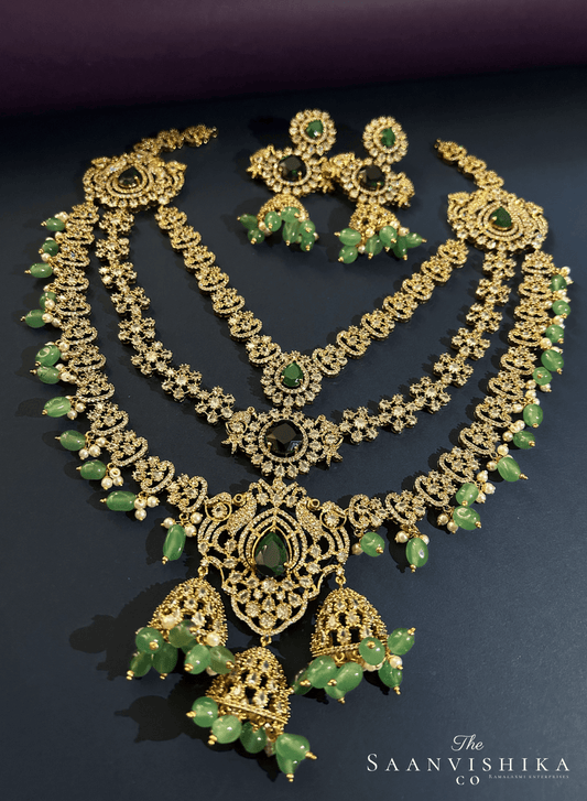 Triple Gemstone Green Beads Diamond Necklace Green