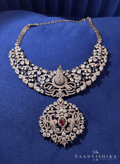 Victorian Peacock Necklace Set with Detachable Pendant (Red)