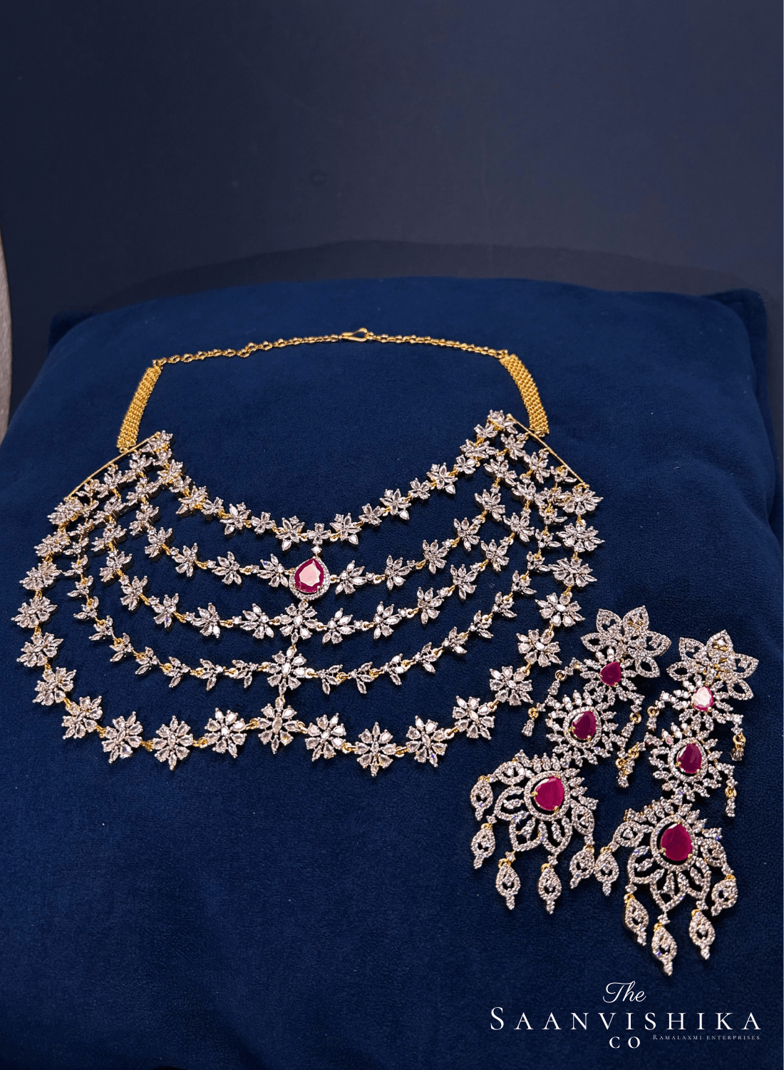 5 Layer Red Diamond Heavy Necklace with Earrings (GJ Polish)