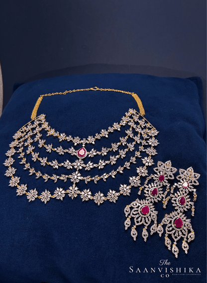 5 Layer Red Diamond Heavy Necklace with Earrings (GJ Polish)