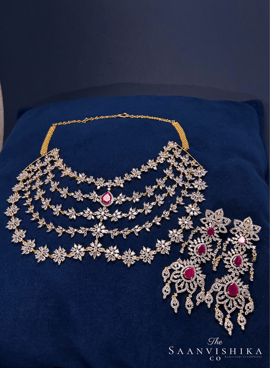 5 Layer Red Diamond Heavy Necklace with Earrings (GJ Polish)