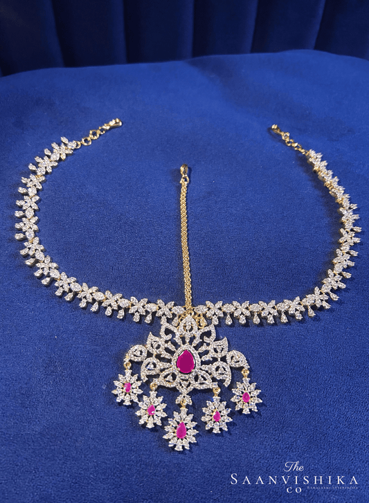 Floral Tikka with Floral Chain(Red)