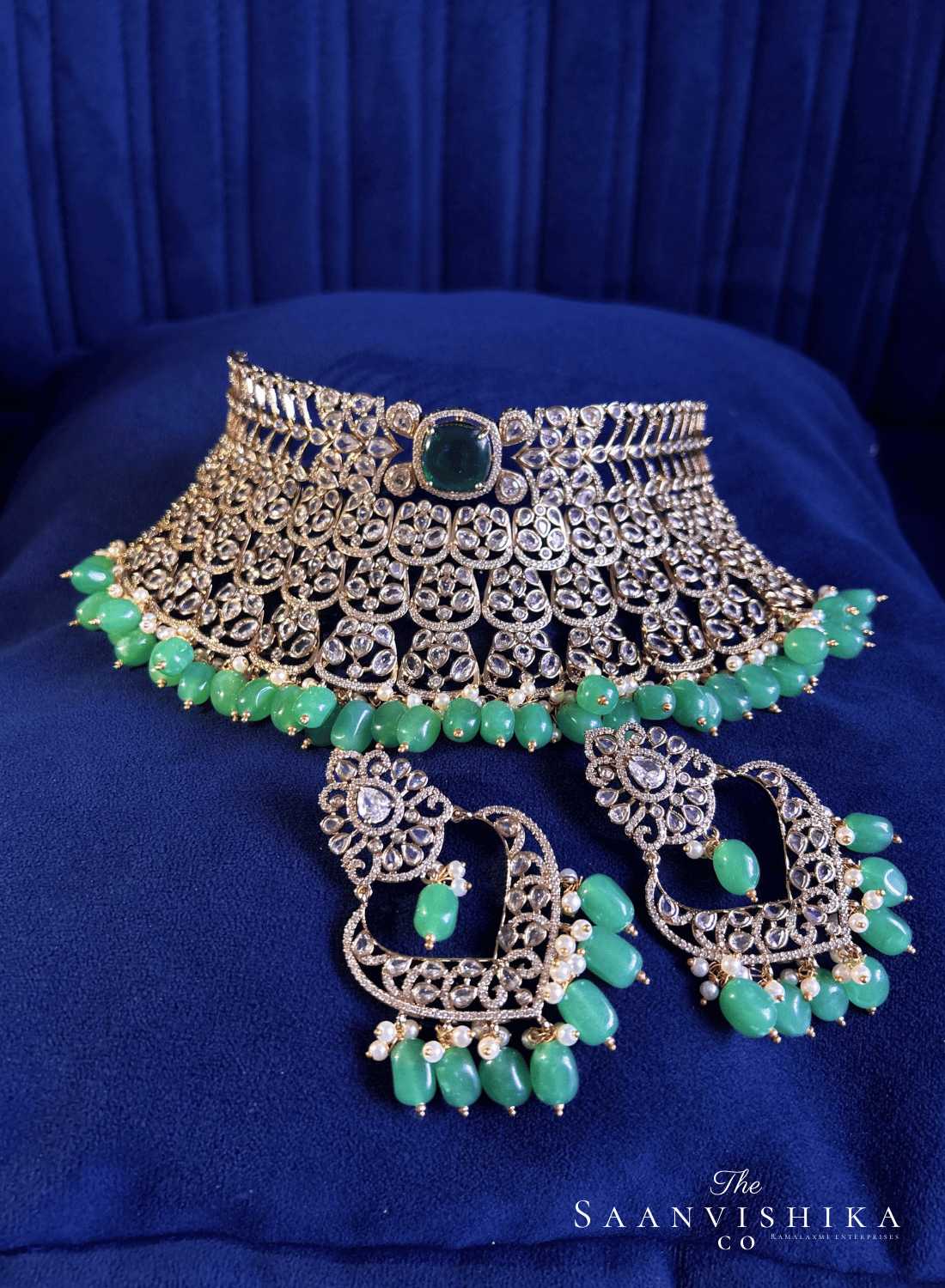 Victorian CZ Diamond Choker with Chandbali (Green Beads)