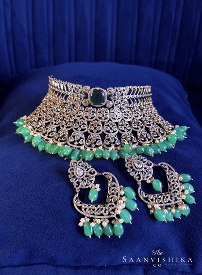 Victorian CZ Diamond Choker with Chandbali (Green Beads)