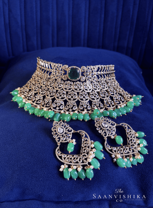 Victorian CZ Diamond Choker with Chandbali (Green Beads)