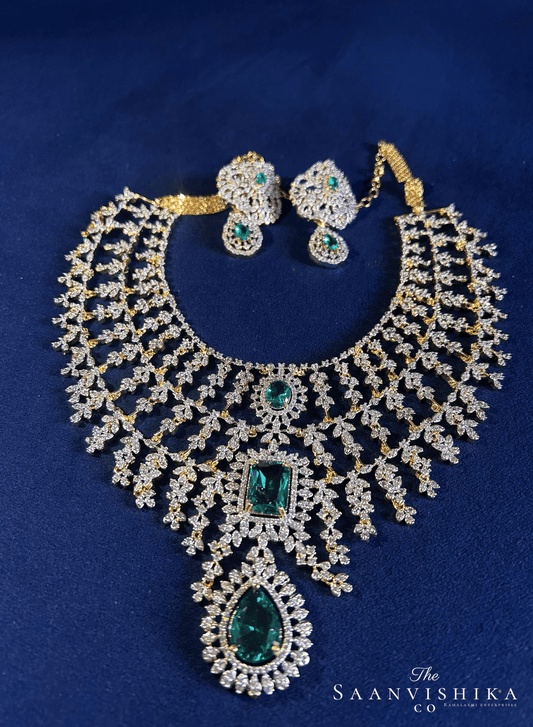 Bridal Triple Gemstone CZ Diamond Necklace Set (Sea Green)