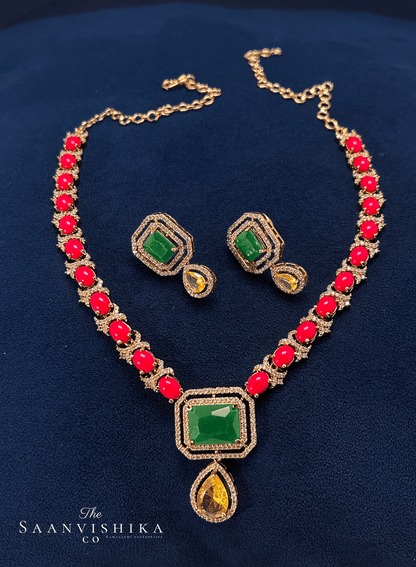 Red Coral Green Gemstone Necklace with Earrings