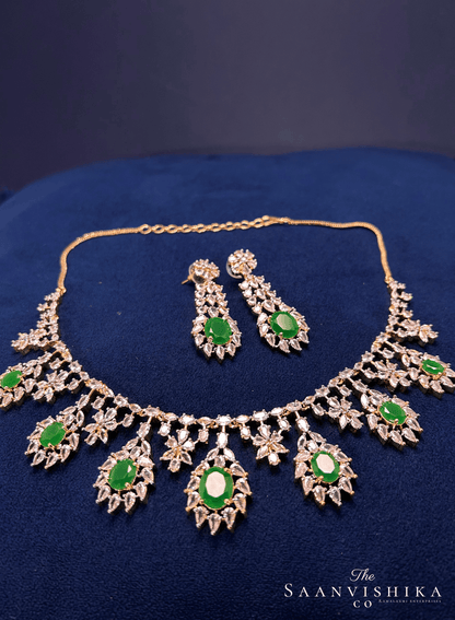 Hexagonal Gem Diamond Necklace with Earrings Green with Earrings