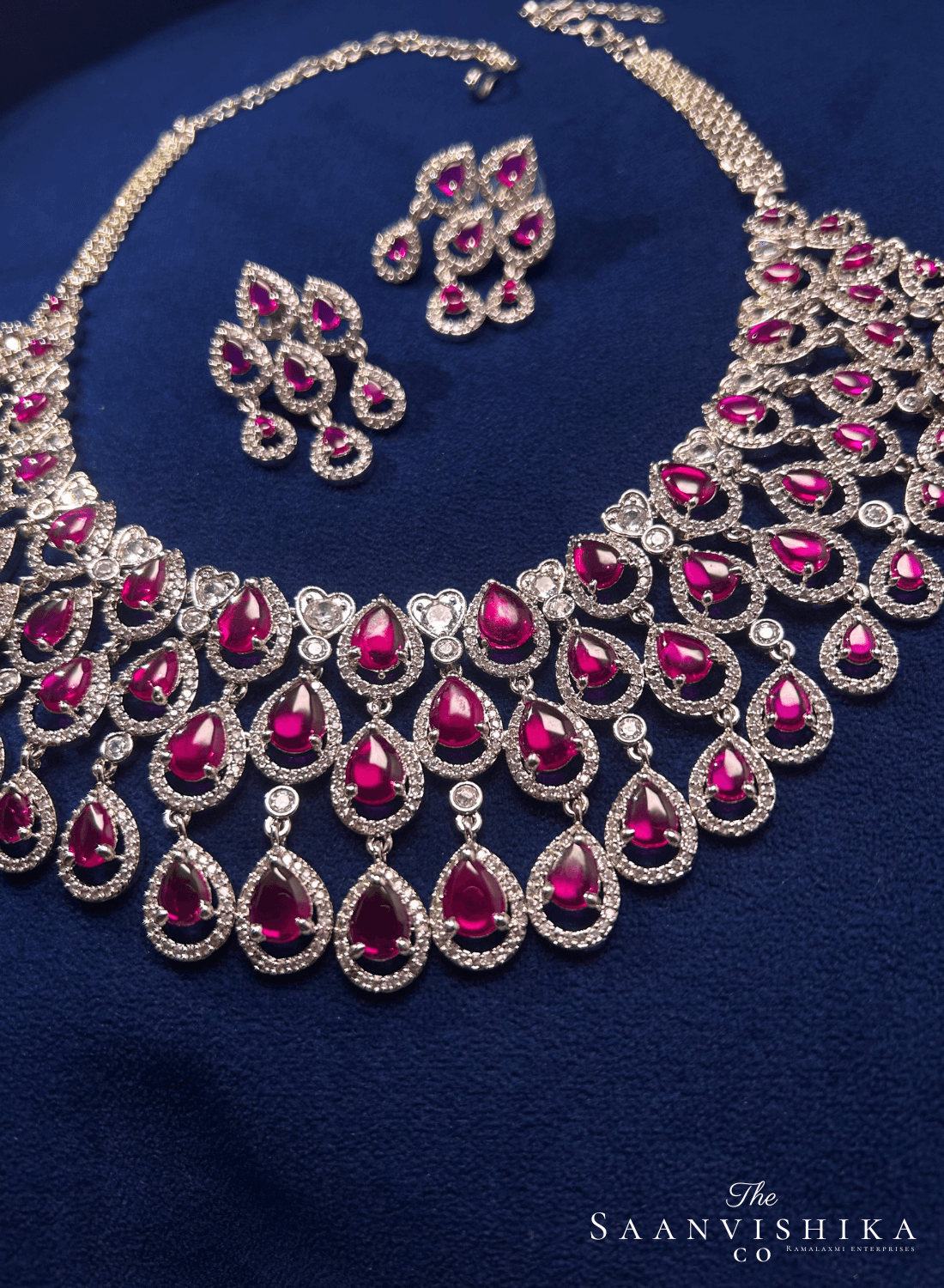 3 Layer Droplet Necklace with Earrings Ruby