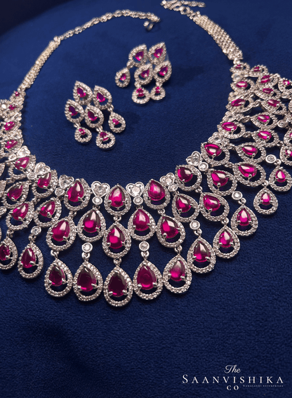3 Layer Droplet Necklace with Earrings Ruby
