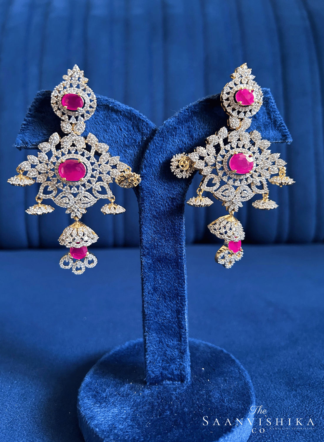 Triple Stone Modern Jhumka Earrings Red