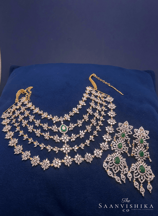 5 Layer Green Diamond Heavy Necklace with Earrings (Gj Polish)