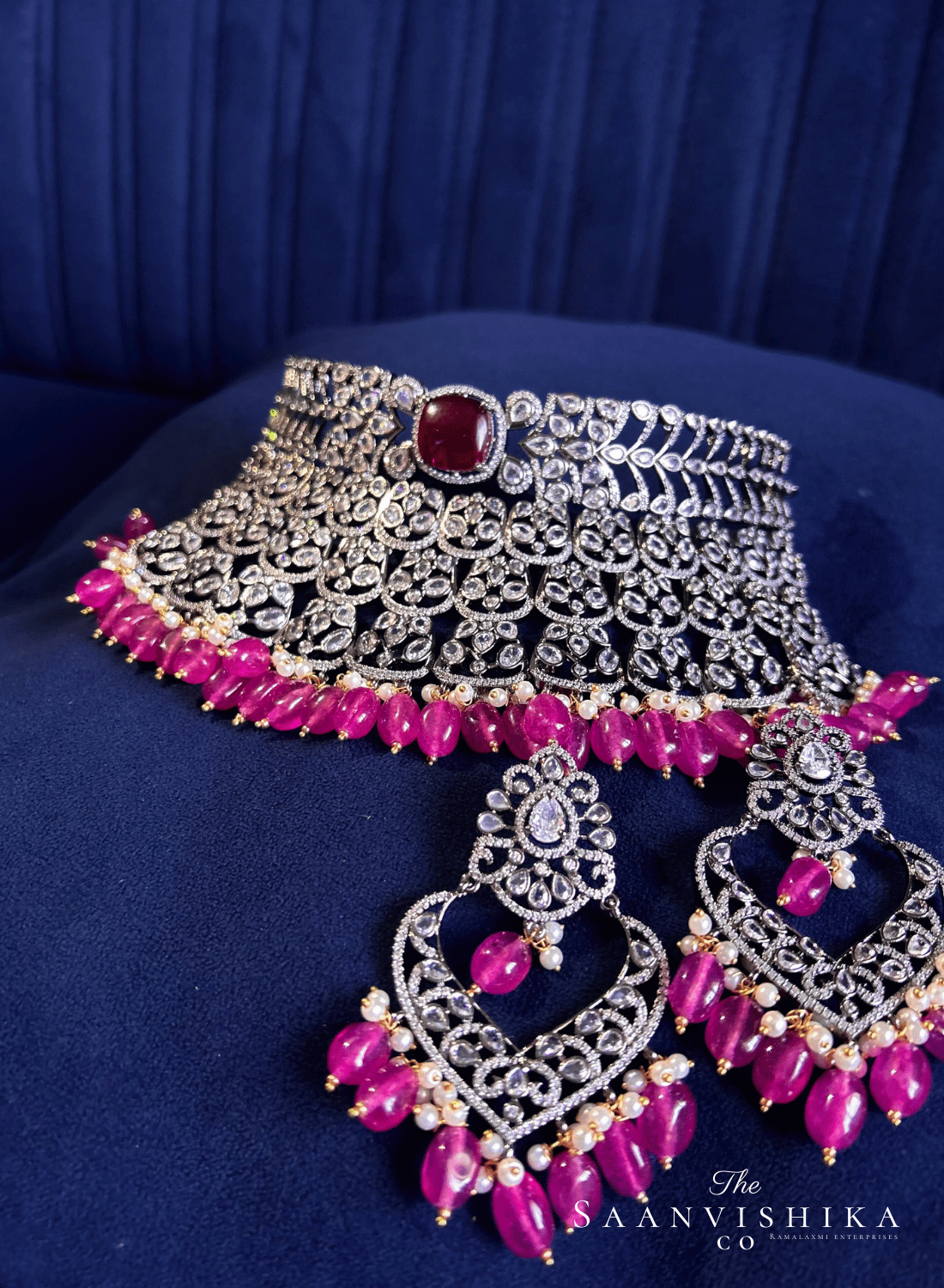 Black Victorian CZ Diamond Choker with Chandbali (Pink Beads)