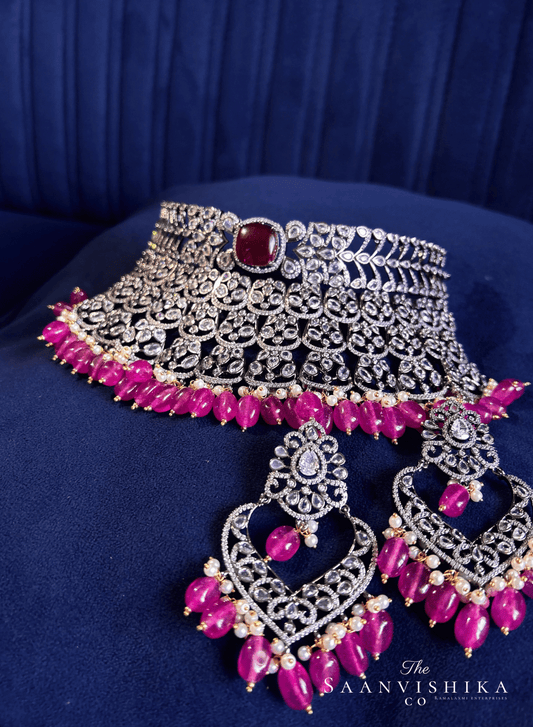 Black Victorian CZ Diamond Choker with Chandbali (Pink Beads)