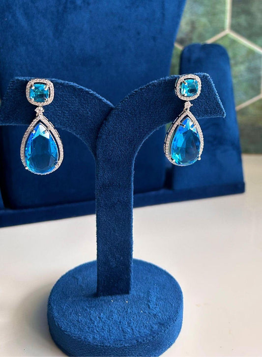 Silver Teardrop Gemstone Doublet Earrings Simple Blue