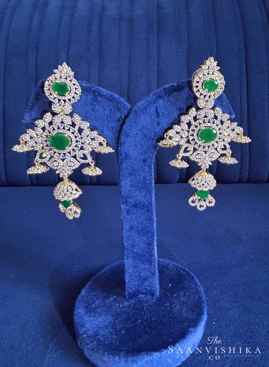 Triple Stone Modern Jhumka Earrings Green