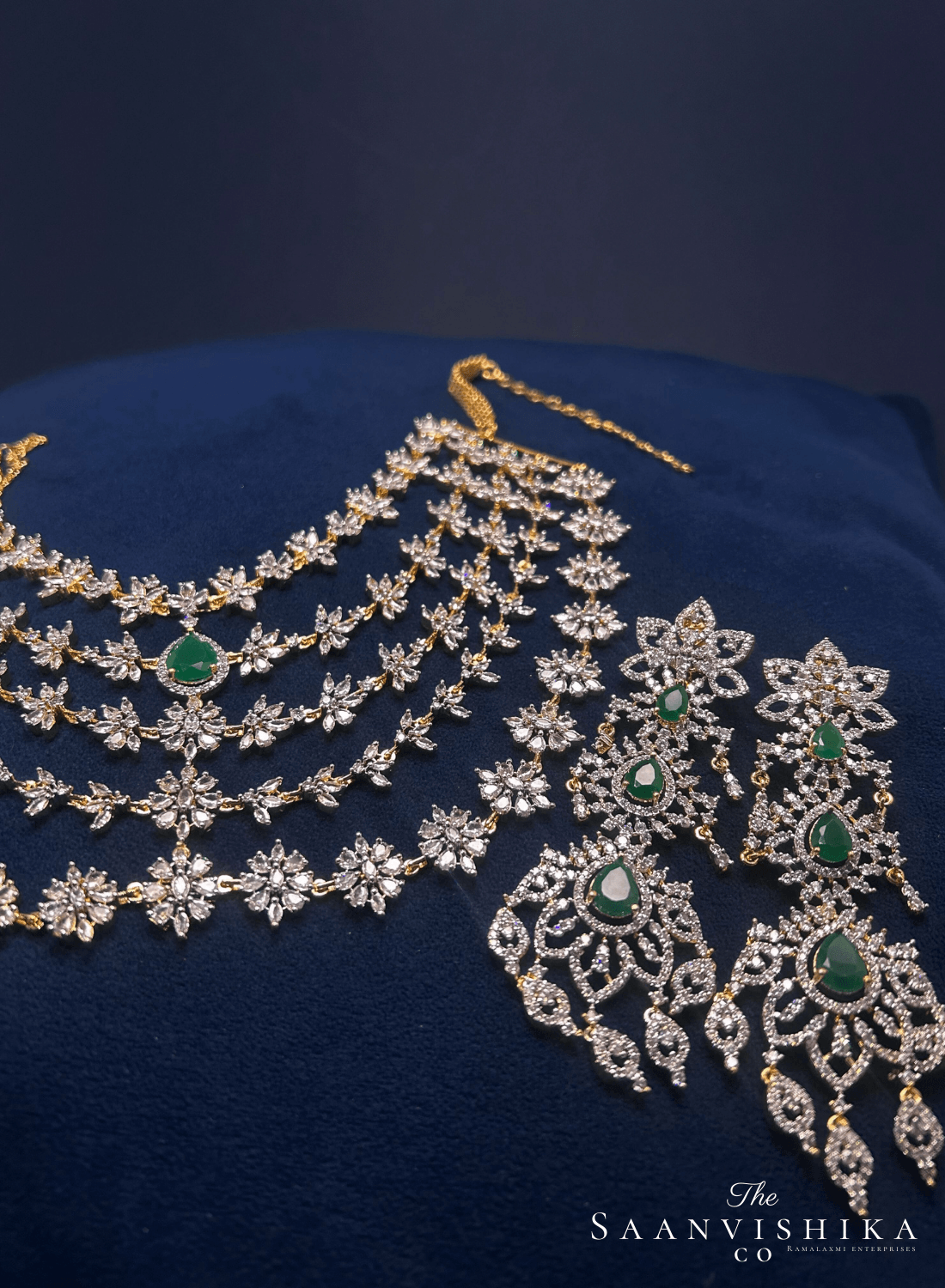 5 Layer Green Diamond Heavy Necklace with Earrings (Gj Polish)