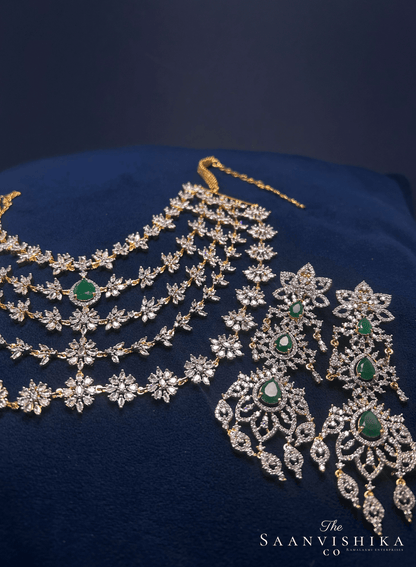 5 Layer Green Diamond Heavy Necklace with Earrings (Gj Polish)