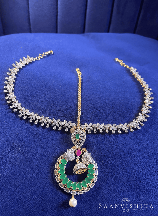 Dual Peacock Tikka with Floral Chain (Green)
