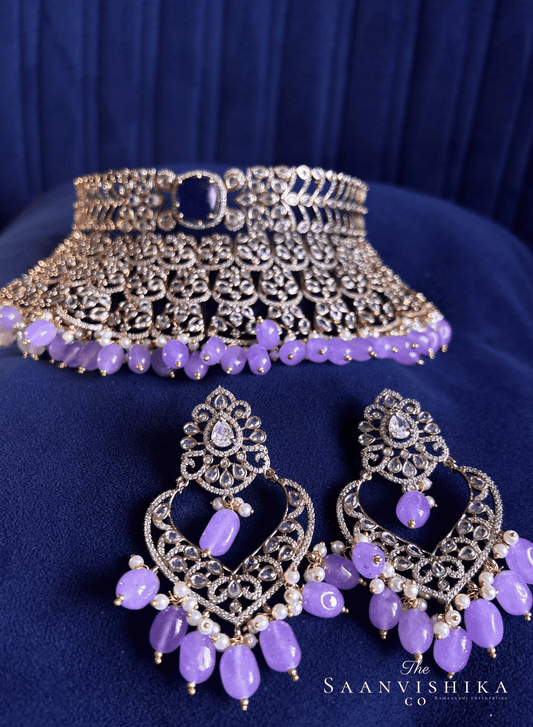 Victorian CZ Diamond Choker with Chandbali (Violet)