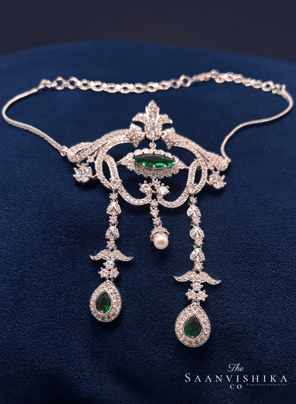 Modern Pearl Gemstone Necklace with Earrings  Green