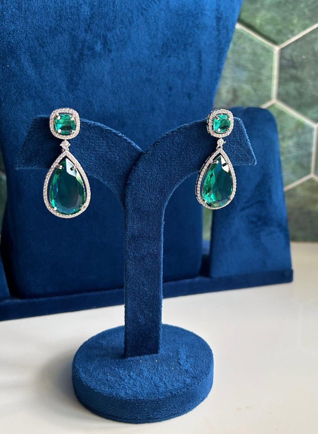 Silver Teardrop Gemstone Doublet Earrings Simple Green