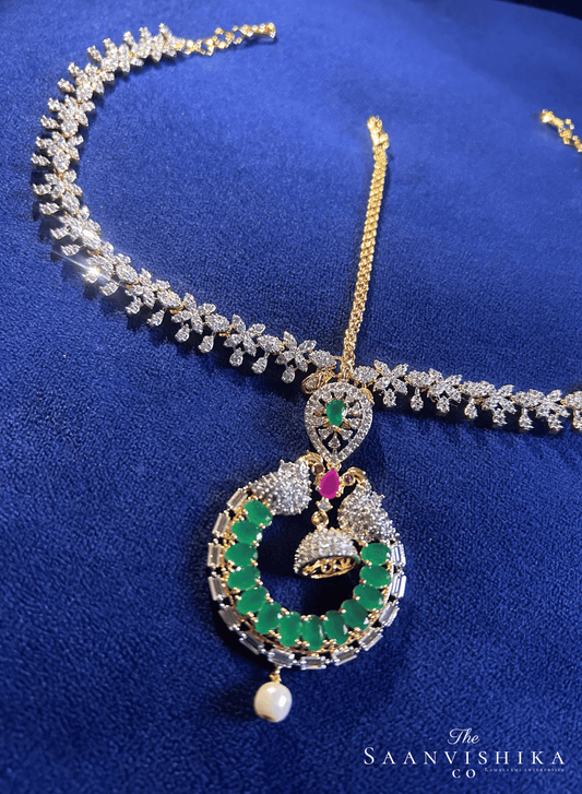 Dual Peacock Tikka with Floral Chain (Green)