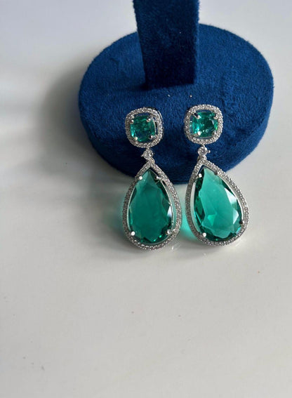 Silver Teardrop Gemstone Doublet Earrings Simple Green