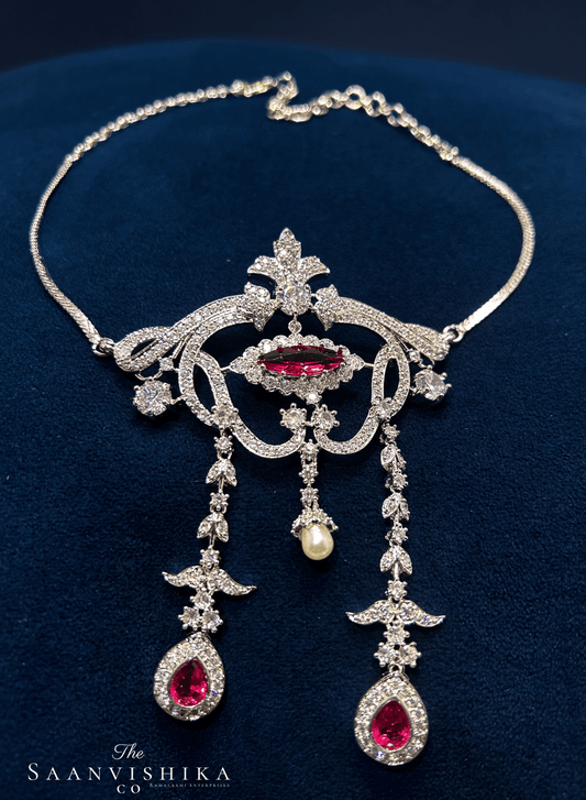 Modern Pearl Gemstone Necklace with Earrings Red