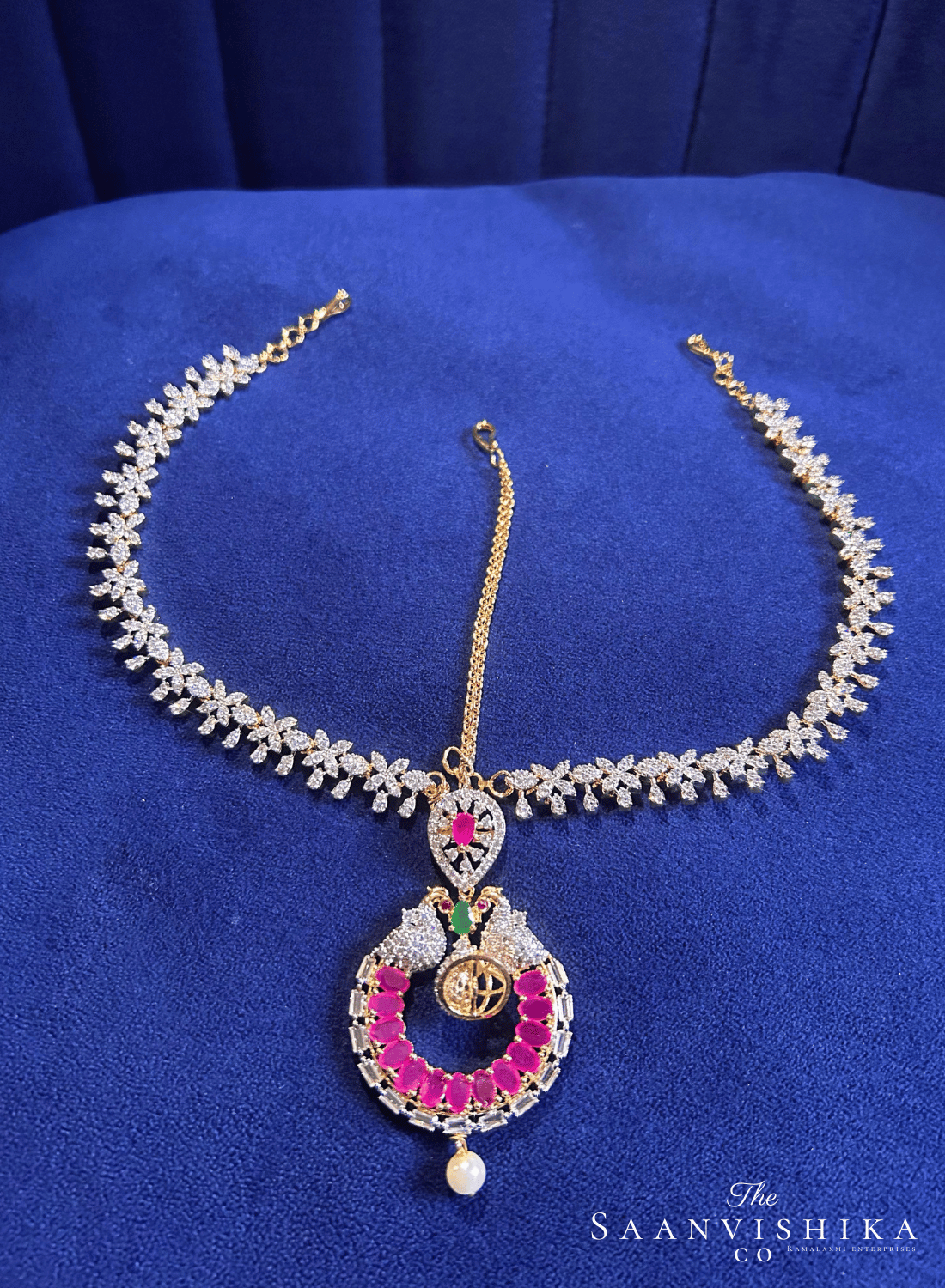Dual Peacock Tikka with Floral Chain (Red)