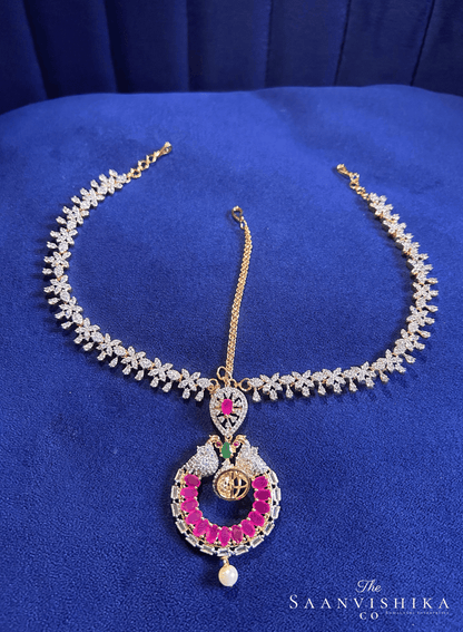 Dual Peacock Tikka with Floral Chain (Red)