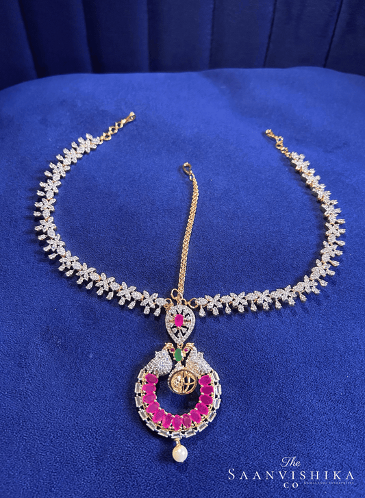 Dual Peacock Tikka with Floral Chain (Red)