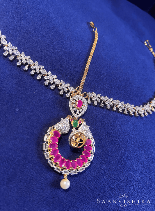 Dual Peacock Tikka with Floral Chain (Red)