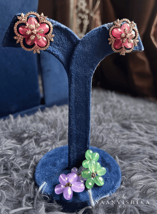 3 in 1 Interchangeable Stud Earrings (Pink, Violet, Green)