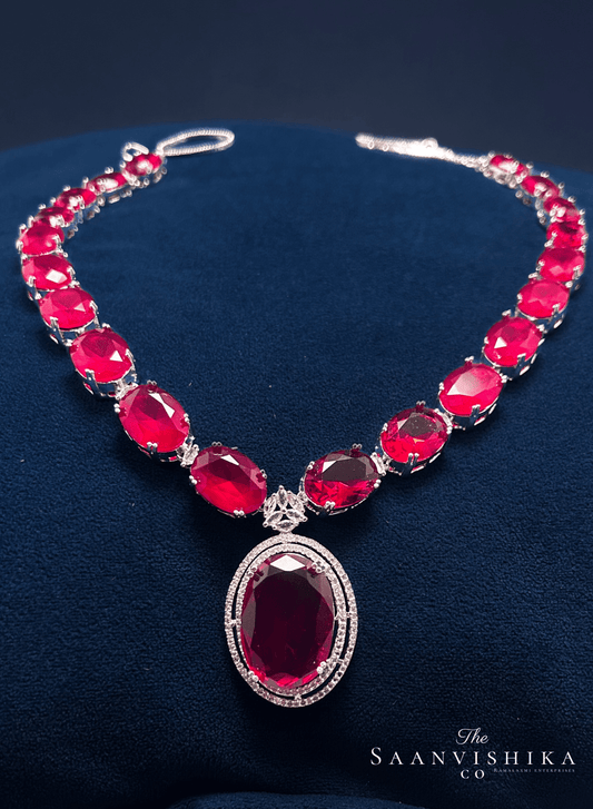 Ruby Red Large Gemstone Necklace with Earrings