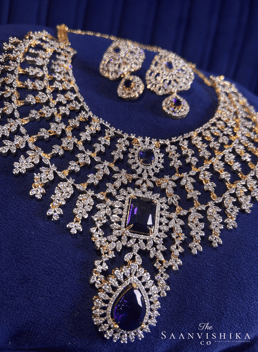 Bridal Triple Gemstone CZ Diamond Necklace Set (Violet)