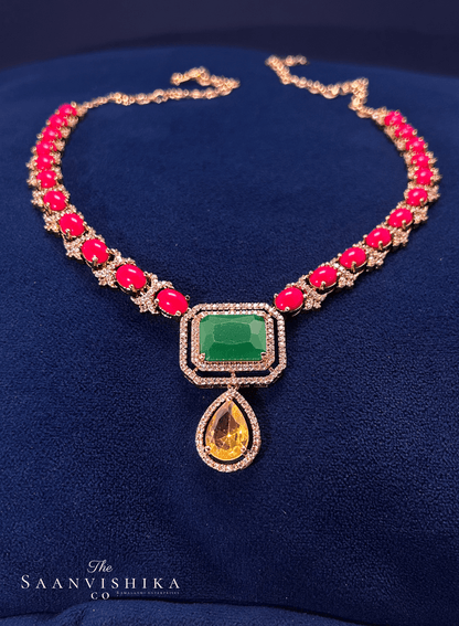 Red Coral Green Gemstone Necklace with Earrings