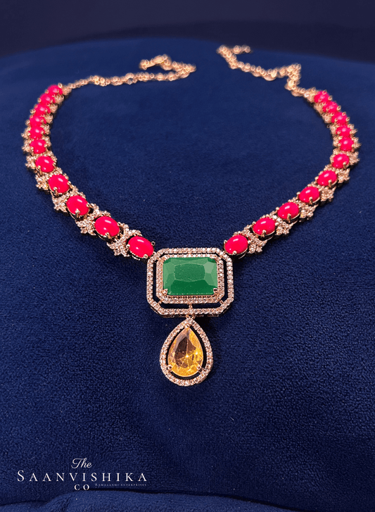 Red Coral Green Gemstone Necklace with Earrings