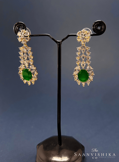 Hexagonal Gem Diamond Necklace with Earrings Green with Earrings