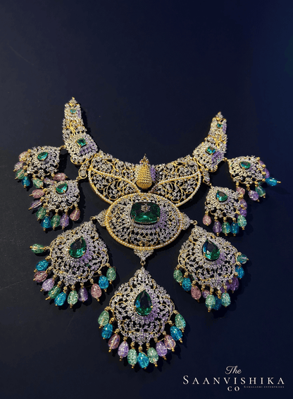 Grand Peacock Diamond Gemstone Necklace with Earrings