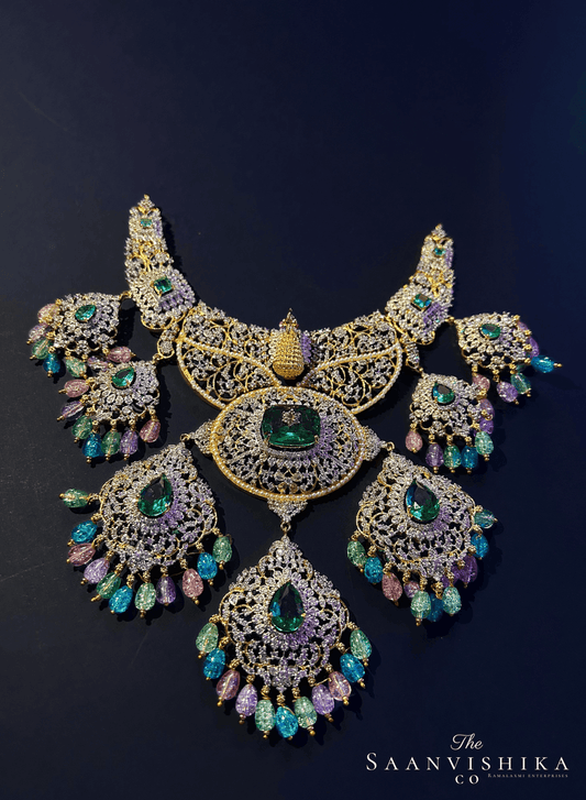 Grand Peacock Diamond Gemstone Necklace with Earrings