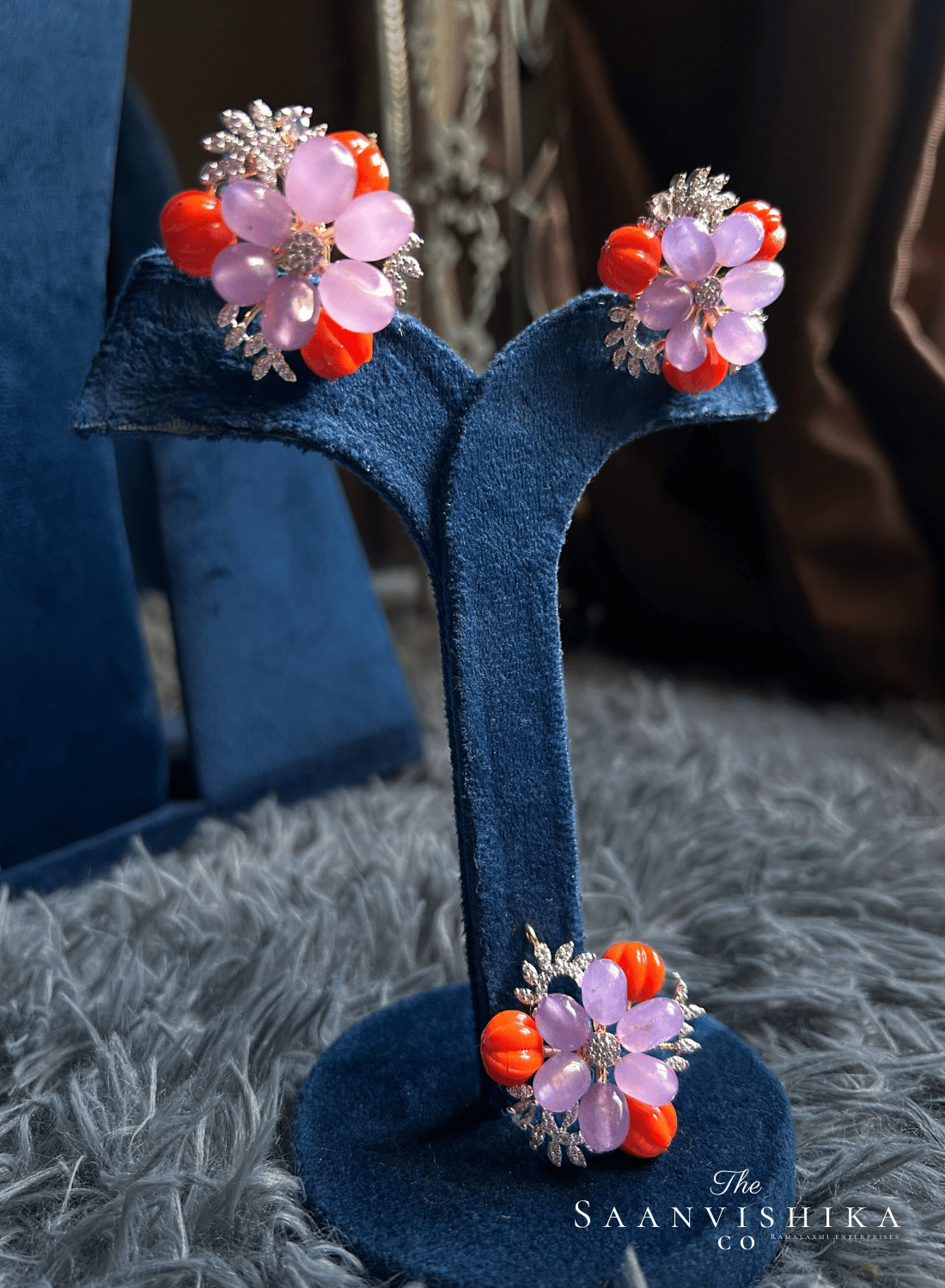 Jaipur Natural Beads Pendant set with Invisible Chain (Violet and Orange)
